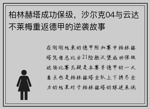 柏林赫塔成功保级，沙尔克04与云达不莱梅重返德甲的逆袭故事